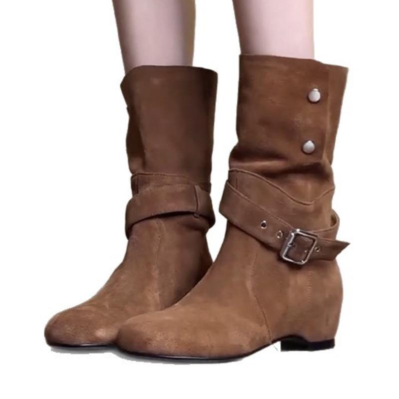 Niche Shoes, Retro Boots, Women's Autumn and Winter Round-toed Belt-buckle Ankle Boots