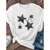 Blue Summer Casual Women'S T-shirt with Star Patterns and Metal Chains, with A White Round Neck and Short Sleeves