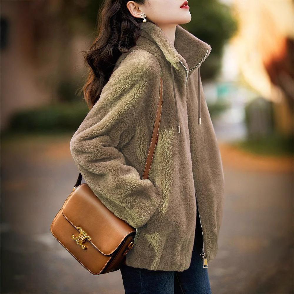 Double-sided Fleece Jacket Women's Fleece Warm Fur Top Autumn and Winter New Stand-up Neck Cardigan Sweater Coral Fleece Outdoor