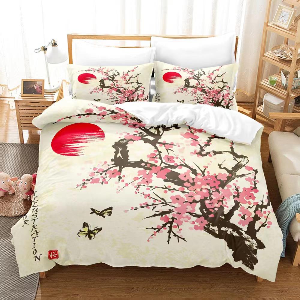 Jarní květinová série Vzor květu švestky Povlak na přikrývku Ložní prádlo 3D digitální tisk Povlak na peřinu Povlak na polštář Ložnice (Třídílná sada) Soubor