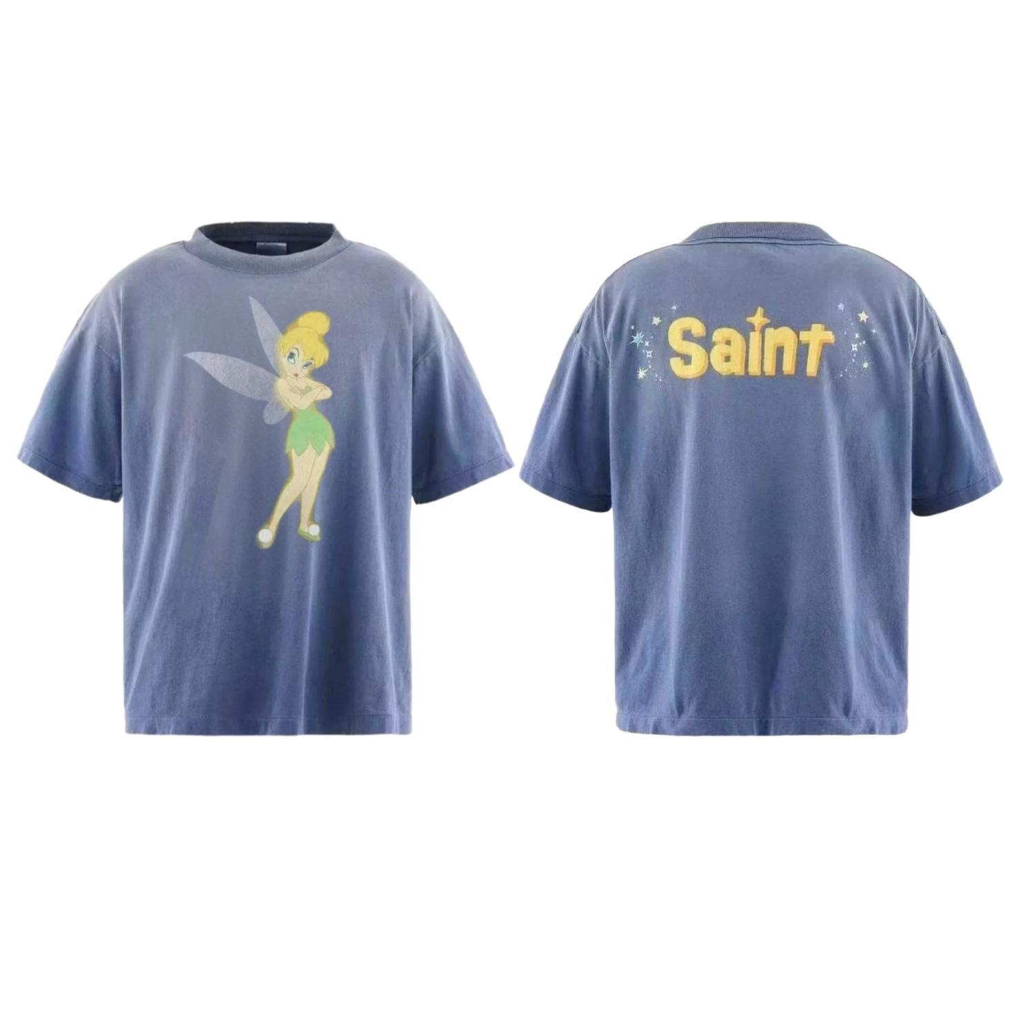 Cross-border Saint Michael elf letter printing washed old short-sleeved t-shirt trendy Penne the same style S