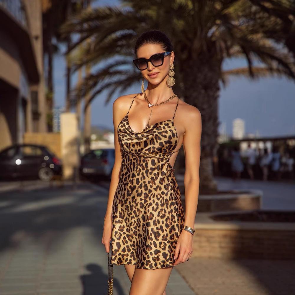 Sexy Women's Clothing European and American Style Fashion Leopard Print Swing Collar Backless Slim Holiday Style Suspender Dress