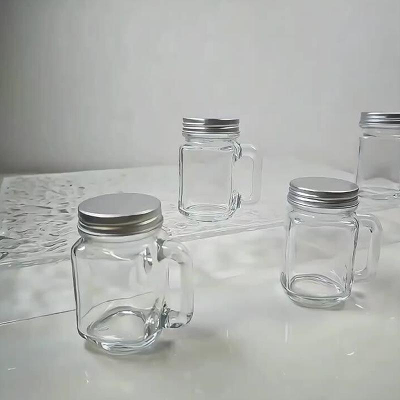 120ml Silver Glass Jar Cup with Handle Lid, Coffee Juice Food Storage Container