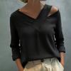 Women T-shirt V-Neck Off Shoulder Long Sleeve Pullover Tops Pure Color Loose Fit Summer Casual Shirt Daily