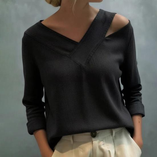 Women T-shirt V-Neck Off Shoulder Long Sleeve Pullover Tops Pure Color Loose Fit Summer Casual Shirt Daily
