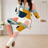 Women Plus Size Front Zip Long Sleeve Printed Longline Top Fitted Pants Two Piece Set