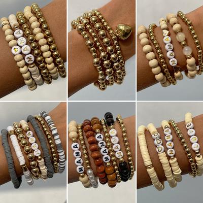 Bracciale Impilabile in Perline di Legno Stile Bohémien, Bracciale con Perline Rotonde in Argilla Morbida con Lettere Stile Etnico da Donna