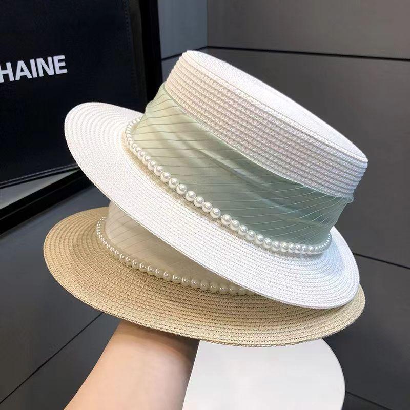 French Celebrity Style Pearl White Top Hat Women Spring and Summer Sunshade Sun Protection Travel Holiday Flat Top Straw Hat Big Brim