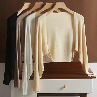 Cardigan de malha de seda gelada de linho com mangas compridas, colete curto feminino, blusa de verão, xale fino, roupa externa com proteção solar