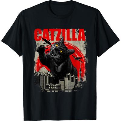 Catzilla - T-shirt a maniche corte divertente per amanti dei gatti, gattino, gattino, taglia S