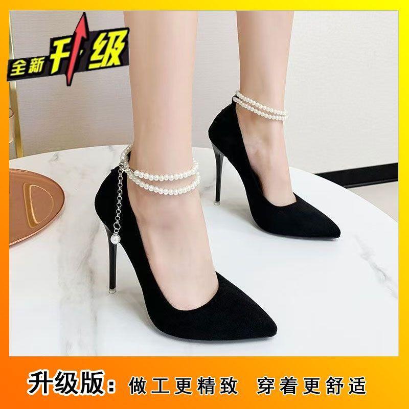 2025 new suede black high heels women's pearl non-slip stiletto pointed high-end one-word buckle fairy single shoes