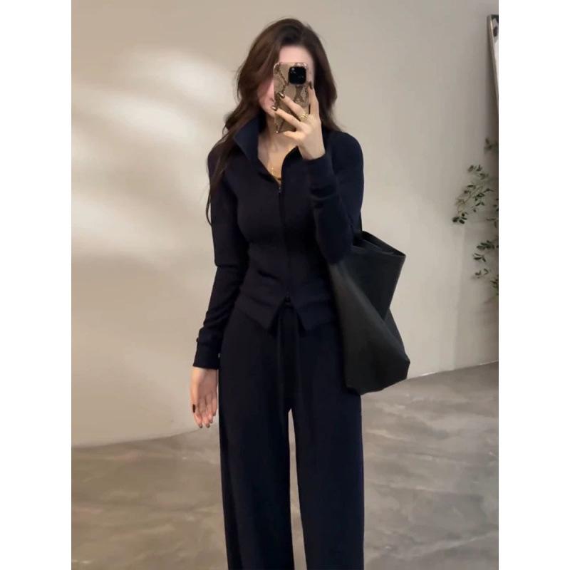 Korean Style Slimming Hoodie & Wide Leg Pants Sports Two-Piece Set for Women - 2026 Collection