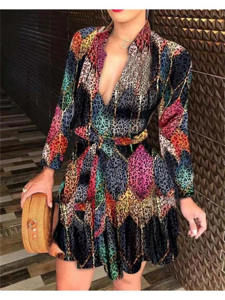 Summer New Women's Long Sleeve V-Neck Tied Fashionable Sexy Printed Dress