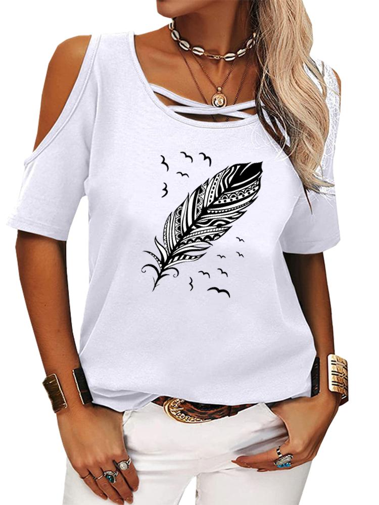 Women Fashion Short Sleeve T-shirt Casual Round Collar Summer Print Off Shoulder Top