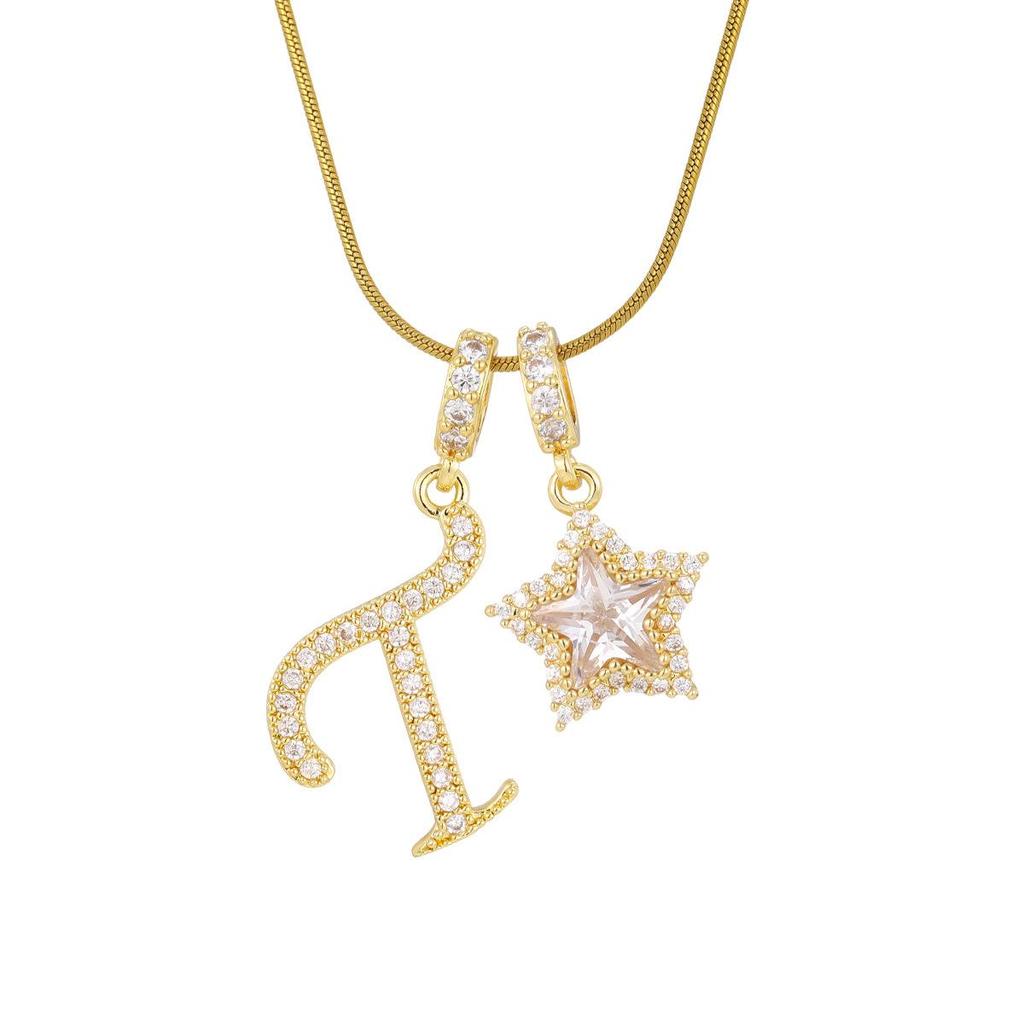 18K Gold Plated Copper Necklace with Zirconium Pentagram & Letter Pendant for Women