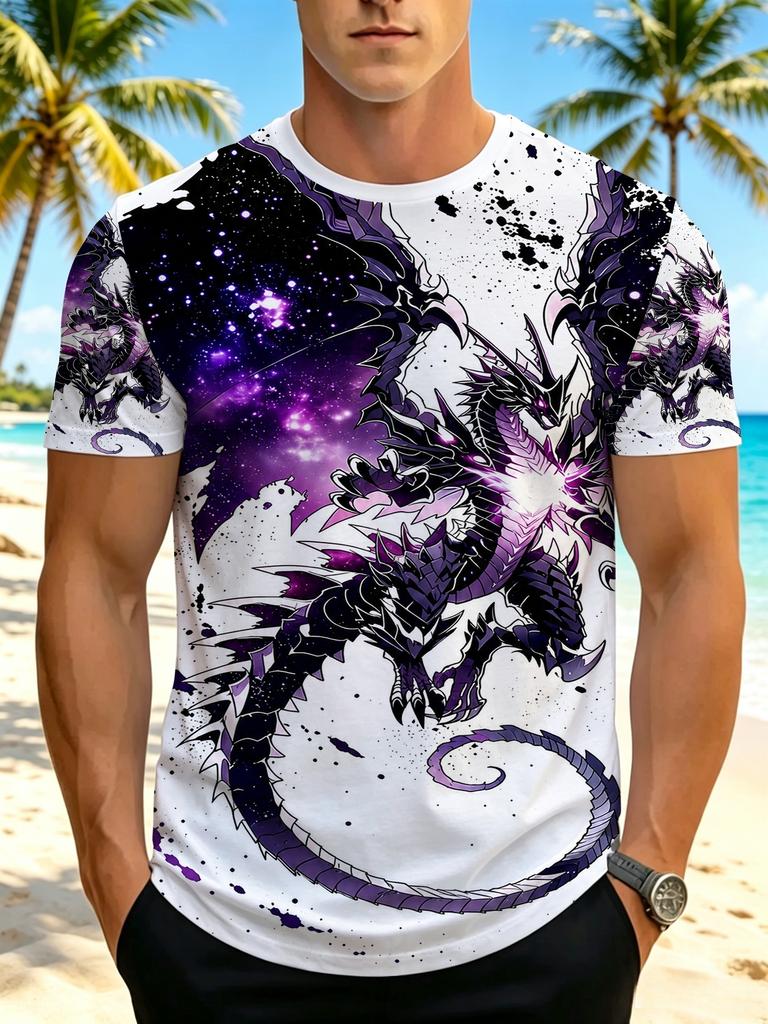 Men'S Digital Print T-Shirt, Men'S Fashion Short Sleeve, Men'S Dark Dragon And Galaxy Wings Print T-Shirt - Suitable for Casual Wear, Outdoor