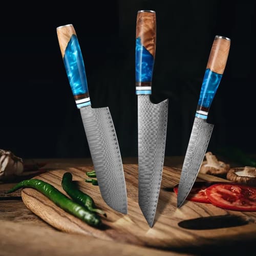 KyushuBlade 3-Piece Damascus Knife Set (Santoku Knife, Gyuto Knife, and Petty Knife) Professional Damascus Knife Set. This versatile kitchen knife set
