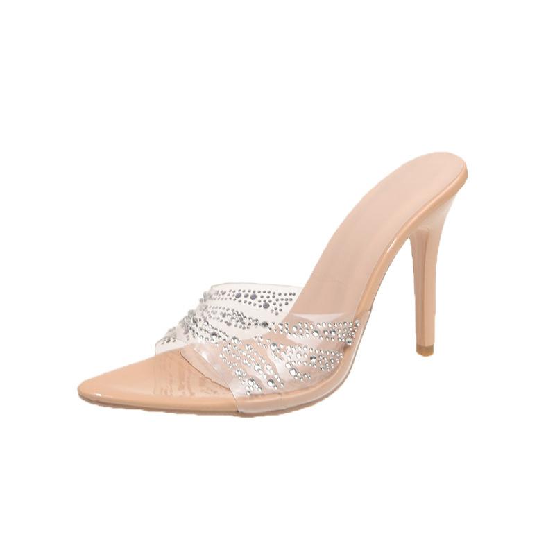 High heels cool slippers women's summer new pointed one-letter PVC hot diamond large size high-end outer wear