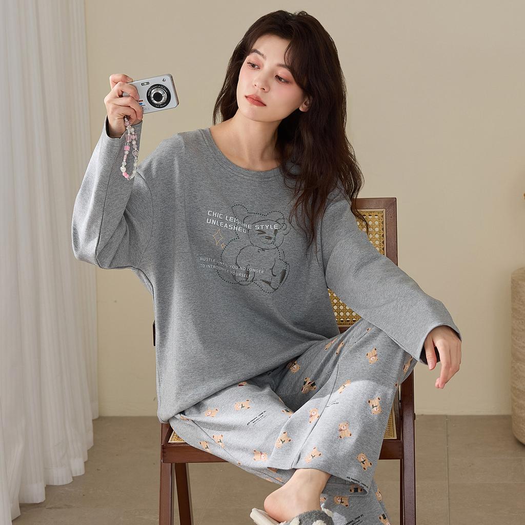 Pure cotton pajamas for women, spring and autumn with pads, long-sleeve minimalist bear high-end loungewear set, 1011 new arrival