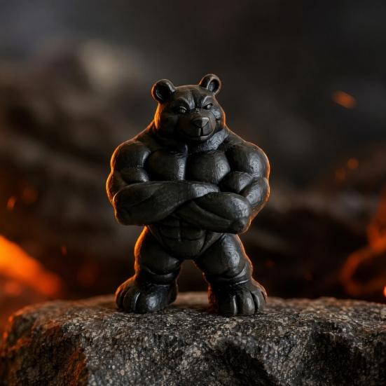 3D Printed Muscle Bear Statue Matte Black Fitness Ornament for Office Bookshelf Gym