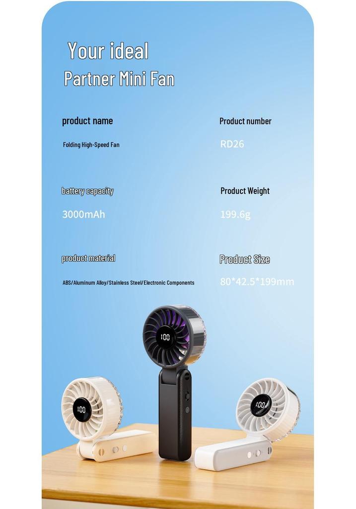2026 New Model Foldable Handheld Portable Fan with Digital Display and 100-Level Stepless Speed Adjustment