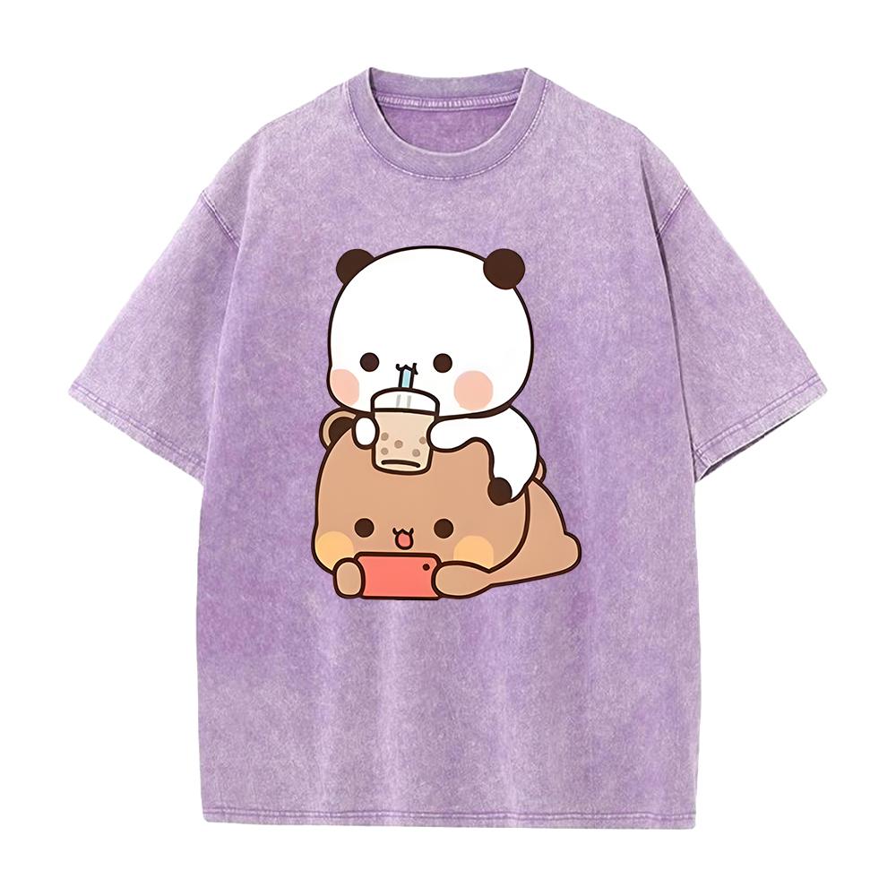 Bubu Cartoon T Shirt Women Men Unisex Couple Tshirt Summer Short Sleeve Tshirt Clothing Washed Cotton ONeck Tee Streetwear