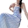 French Blue Checkered Spaghetti Strap Sleeveless Tank Dress - Women's Summer 2025 Seaside Vacation Long Dress