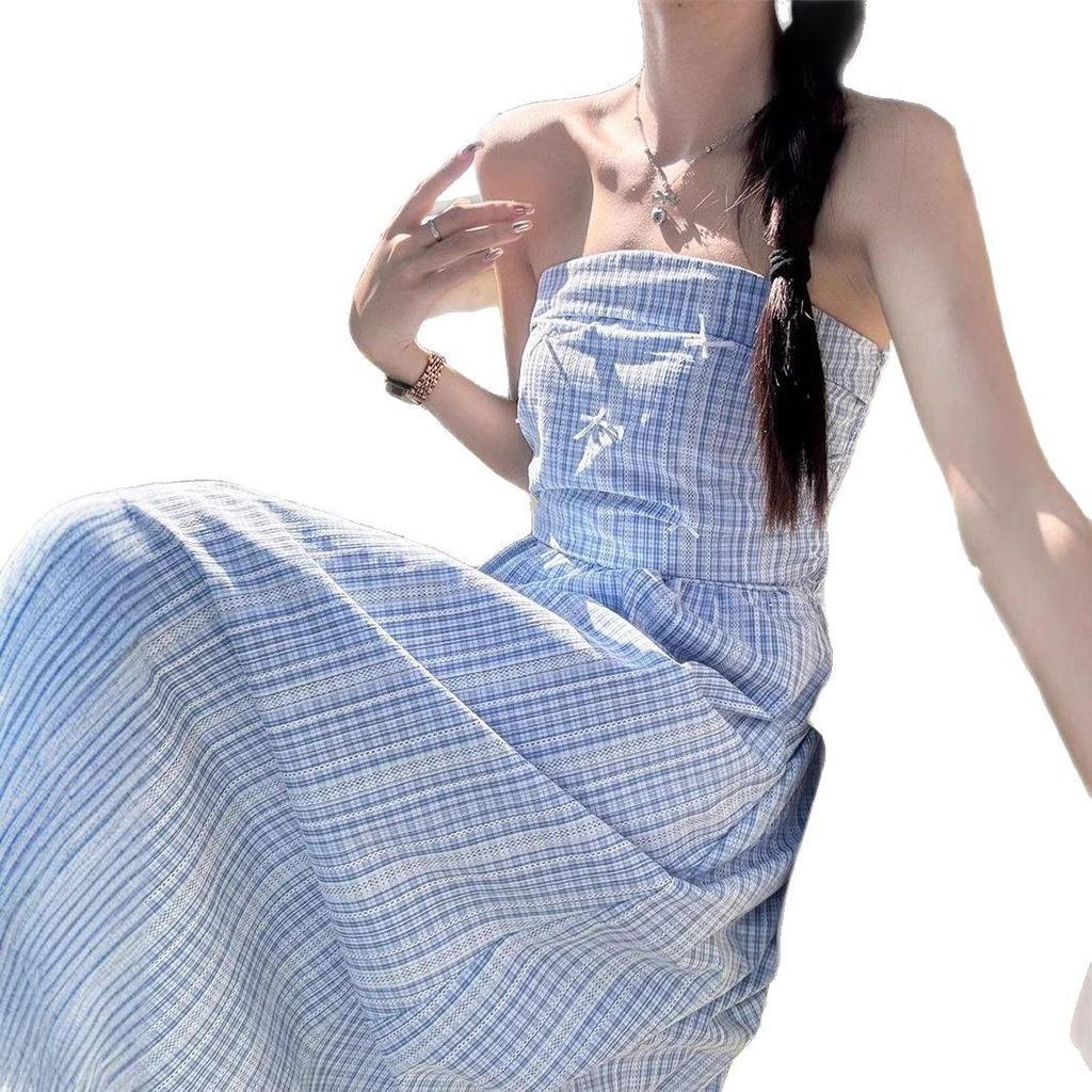 French Blue Checkered Spaghetti Strap Sleeveless Tank Dress - Women's Summer 2025 Seaside Vacation Long Dress