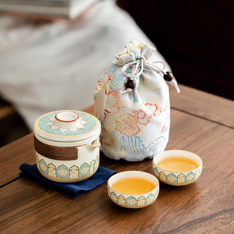 Creative printing gift, Ru kiln ancient rhyme, hand grab words and pot travel tea set, opening commemorative gift