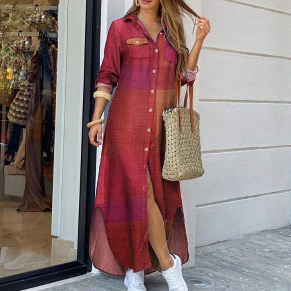 Fashion Womens Casual Loose Sexy Long Sleeve Pocket Button Shirt Print Dress