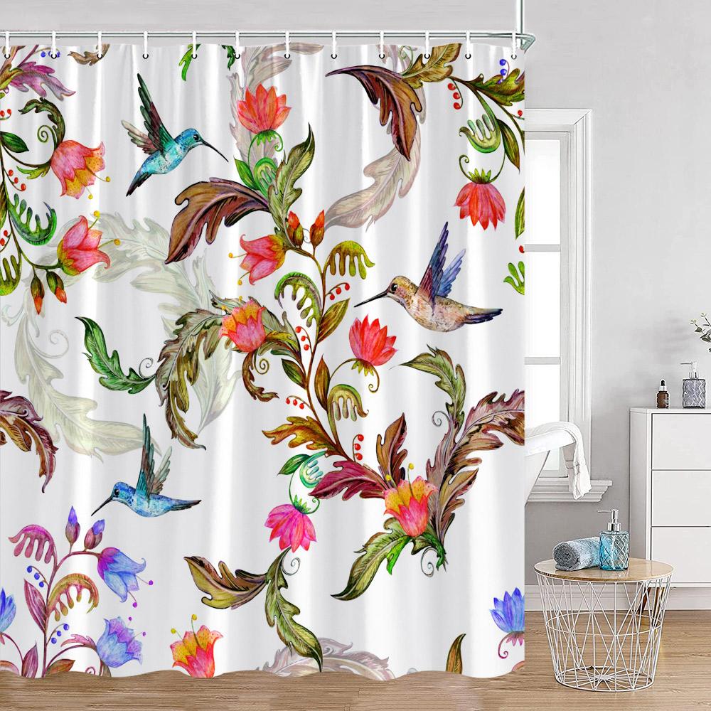 Birds Flowers Shower Curtains Hummingbirds Flowers Green Leaves Plants Greenery Bath Decorations Spring Bath Curtain With Hooks