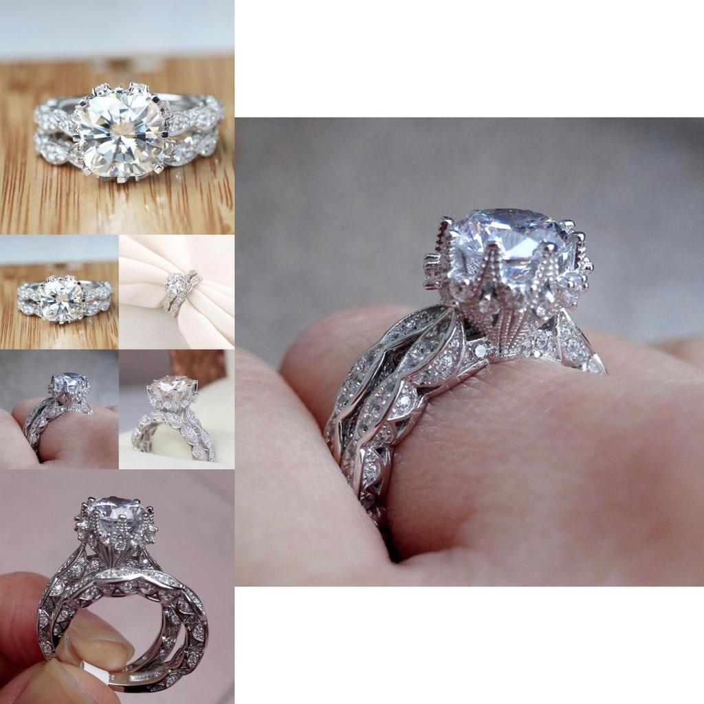 Elegant Antique Style Round White Sapphire Silver Plated Engagement Crown Ring Set
