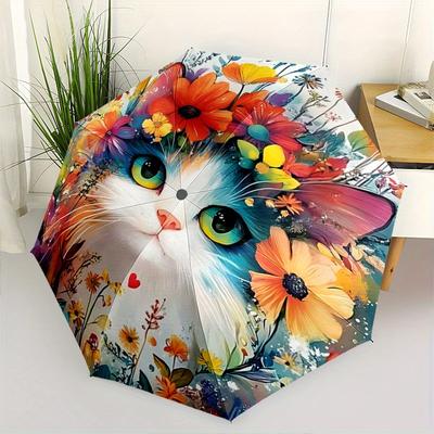 1pc Cat Artwork Ideas Design Fully Automatic Folding Portable Umbrella, 8 Iron Frames, Three-Fold Design, Suitable for All Seasons, Suitable for