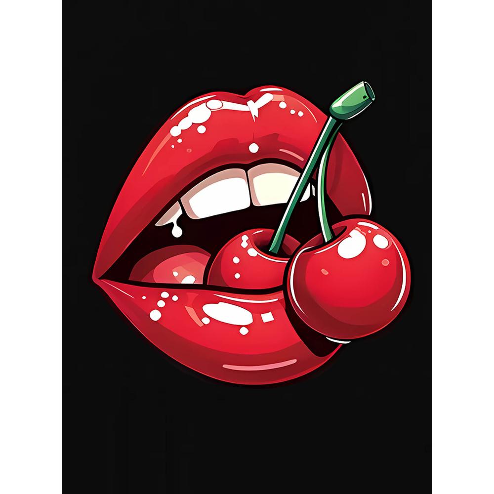 Women'S Casual Crew Neck T-Shirt with Cherry and Lip Graphic Harajuku Short Sleeve Casual Clothing Street Tops Aesthetic Clothes