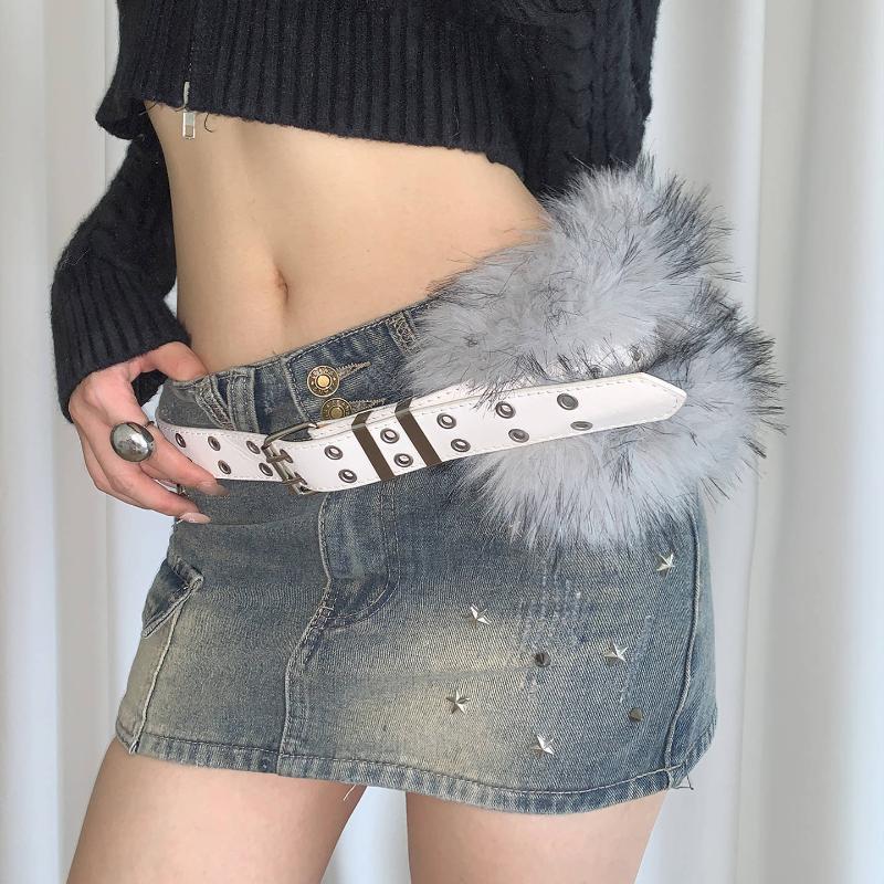 

Кожаный меховой ремень с шипами Faux Fur Стиль Spicy Girl Меховая поясная сумка Корейский стиль Декор для джинсов Пояс Y2K