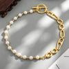 Fashion Asymmetric Pearl Gold Necklace Geometric Link Chain with OT Clasp Ins Aesthetic Streetwear Party Jewelry for Women