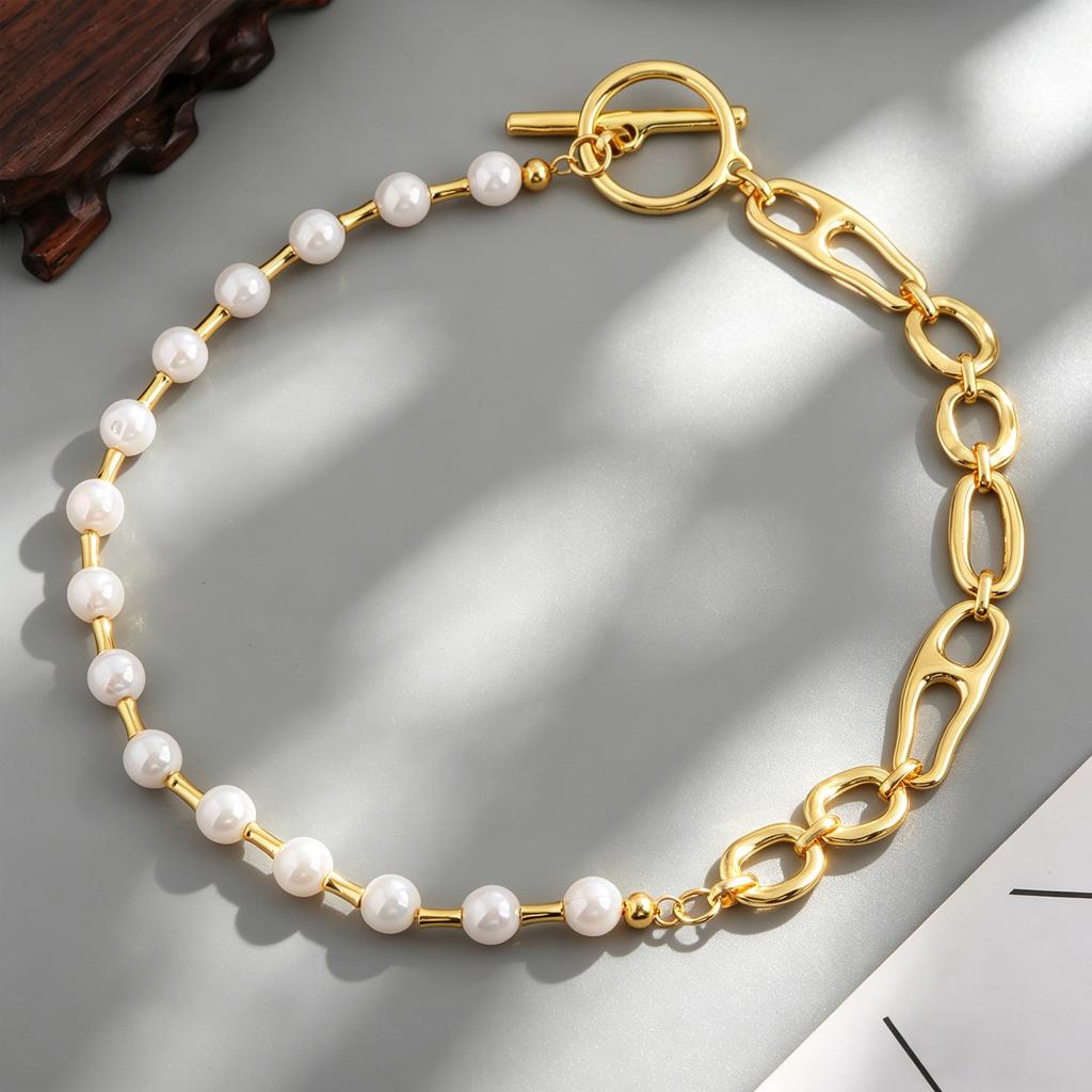 Fashion Asymmetric Pearl Gold Necklace Geometric Link Chain with OT Clasp Ins Aesthetic Streetwear Party Jewelry for Women