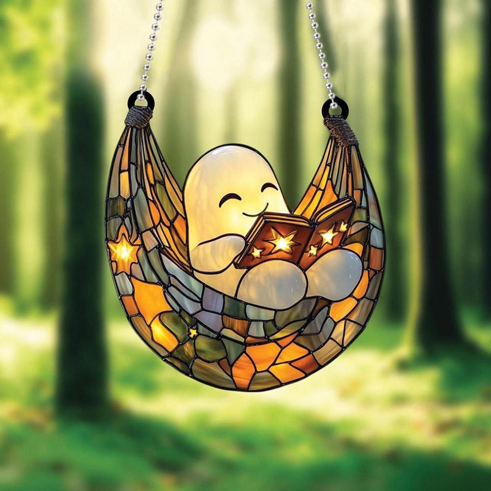 Halloween Ghost Reading Book Suncatcher Hanging Decor Acrylic Window Hanging Ornament Colorful Shadow Home Car Interior Decor