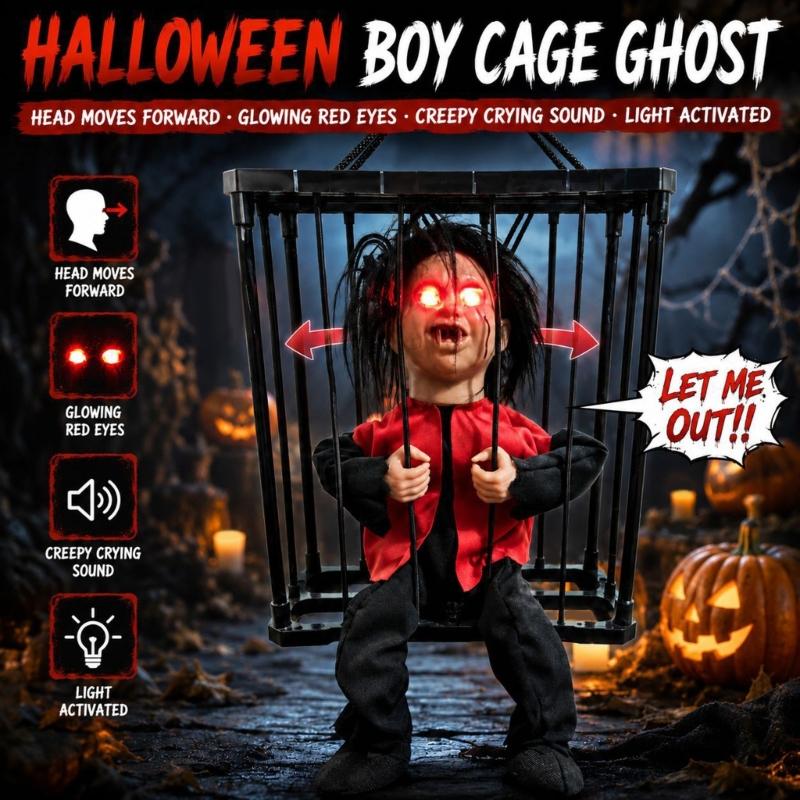 Black Suspended Halloween Figure In Cage, Light Detail Hanging Piece for Home Entry, Window Display, Porch, Party Styling, and Indoor Use