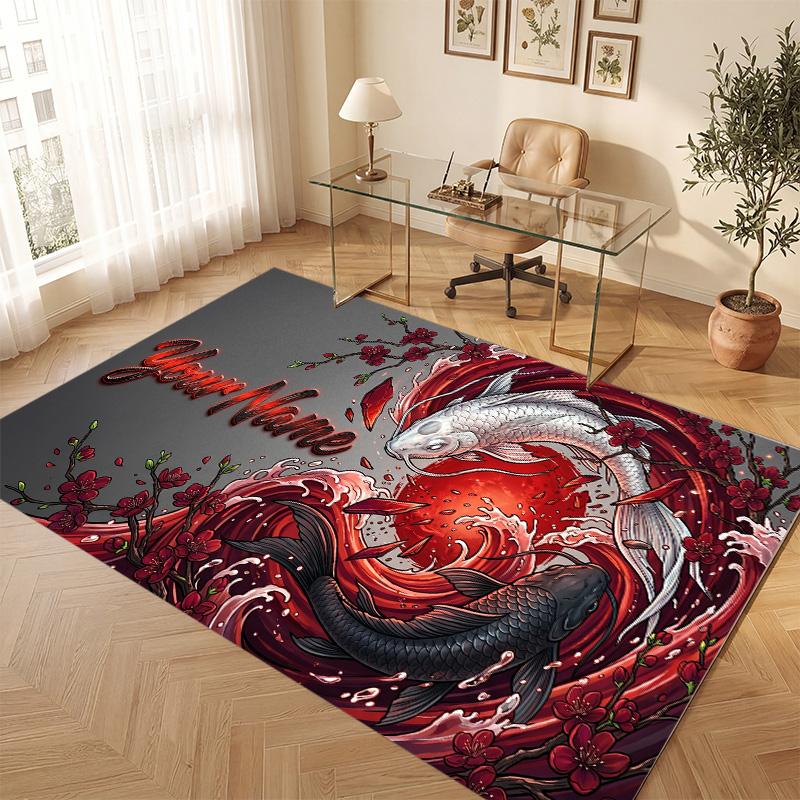 Koi Fish Theme Soft Crystal Velvet Rug Custom Name & Text Print Non Slip Floor Rug for Bedroom Living Room