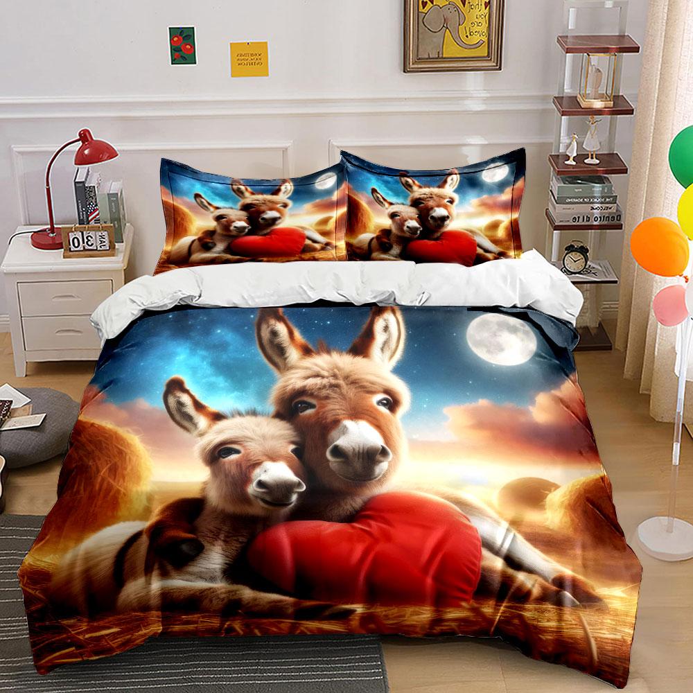 3Pcs Donkey Family Bedding Set, Mother And Baby Donkey With Heart Print Duvet Cover + 2 Pillowcases, Cute Bedroom Decor