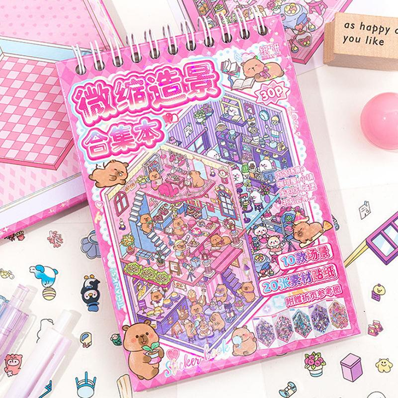 1 Set  Cabin Scene Pocket Stickers Cartoon Diy 3D Landscape Sticker Book Festival Birthday Gift For Student Kid Child