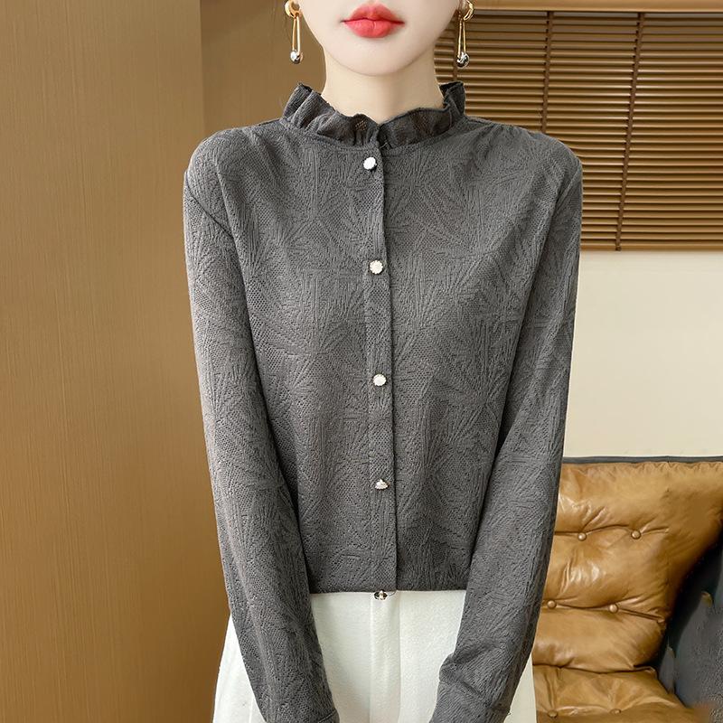 Stand-up collar fungus edge knitted sweater women's spring and autumn sweater shirt bottoming shirt top tide