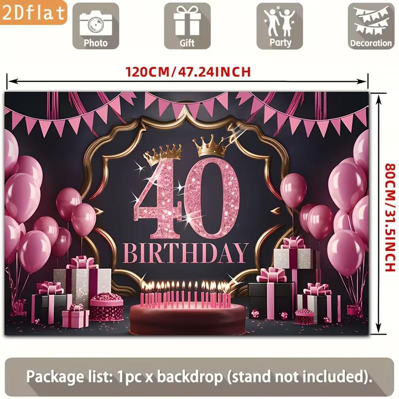 2D 40th Birthday Photography Backdrop Pink Black Background with Crown, Balloons and Cake