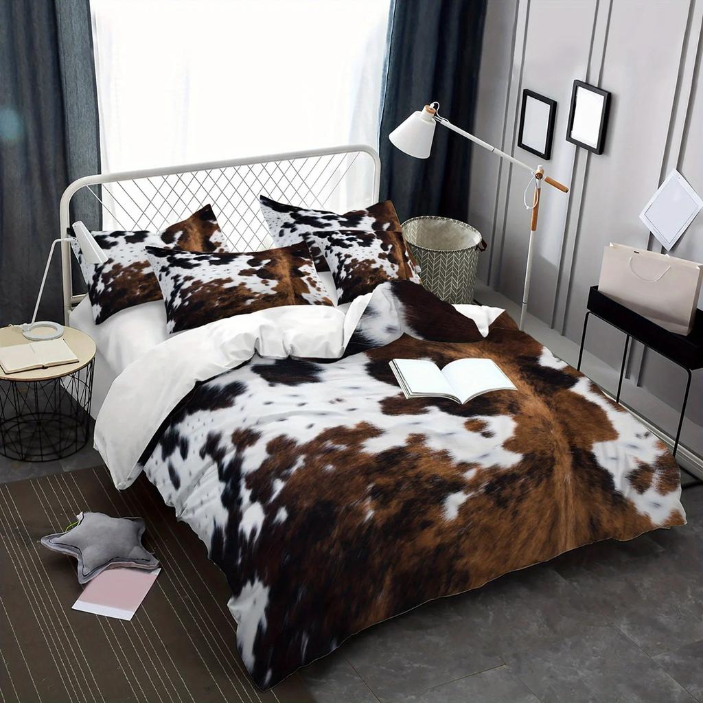 Brown And Black Cow Pattern Yak Leather Bedding Set With Washable Ultra-Fine Microfiber Duvet Cover, Soft And Comfortable