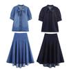 European and American Women's Bow Denim Shirt & Midi Skirt Set - Trendy INS Style