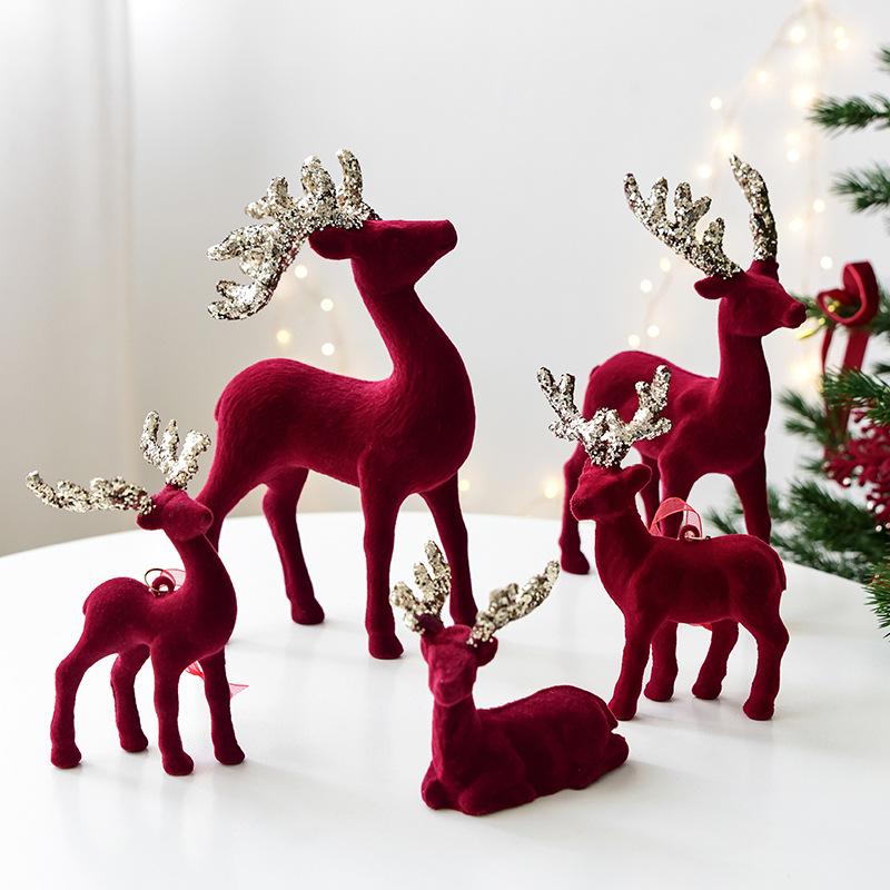 Christmas Reindeer Desktop Ornament Christmas Tree Decor Hanging Accessory Glittering Burgundy Flocked Deer Pendant Decoration