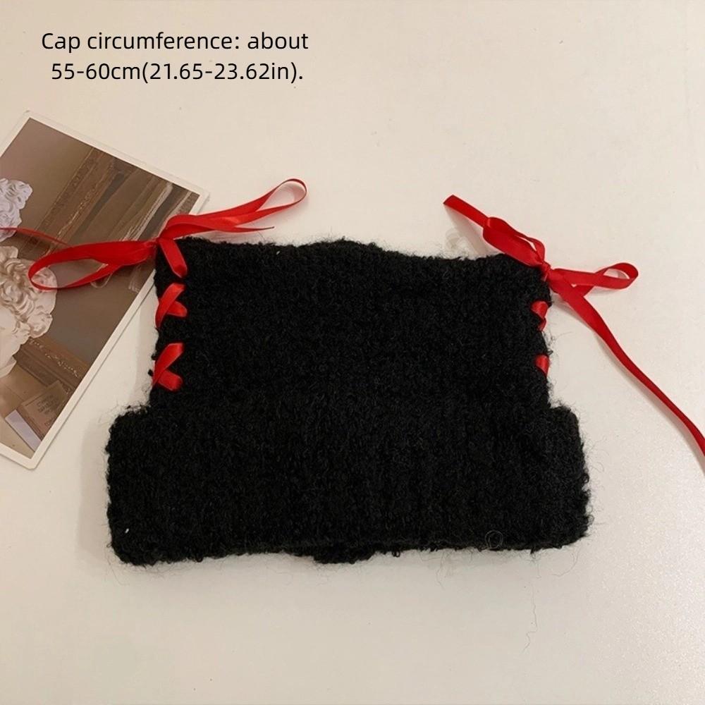 Sweet Bow Ribbon Pullover Hat Windproof Plush Beanie Fashionable Knitted Beanie  for Women Girl