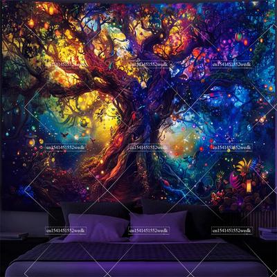 Schwarzlicht Waldfee Wandteppich UV-reaktiv Neon Wandbehang Baum Fluoreszierende Wandteppiche Ästhetische Kunst Dekoration Für Schlafzimmer