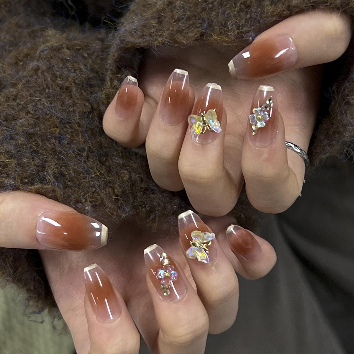 

Aurora Butterfly & Floral Gradient Nails: French White-Edged, Brown Transparent Tips JP2969 [With Glue]